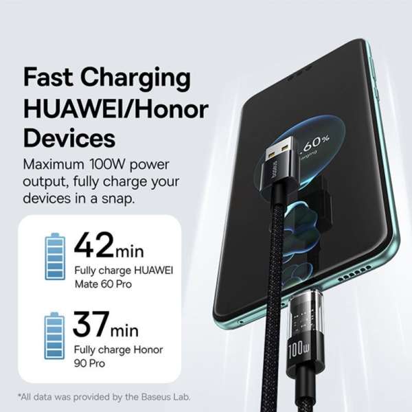 Baseus Gem USB A to USB C 100W fast charging cable 2m Black