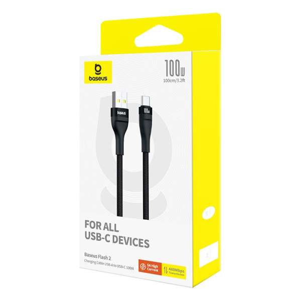 Baseus USB A to USB C 100 W fast charging cable 2m Black