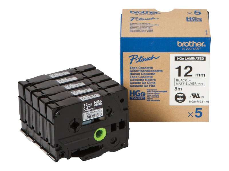 Brother HGe-M931 Laminált P-touch szalag 5db-os csomag (12mm) Black on Matt Silver - 8m