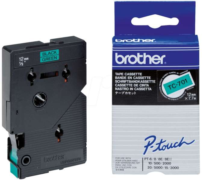 Brother TC-701 laminált P-touch szalag (12mm) Black on Green-7,7m