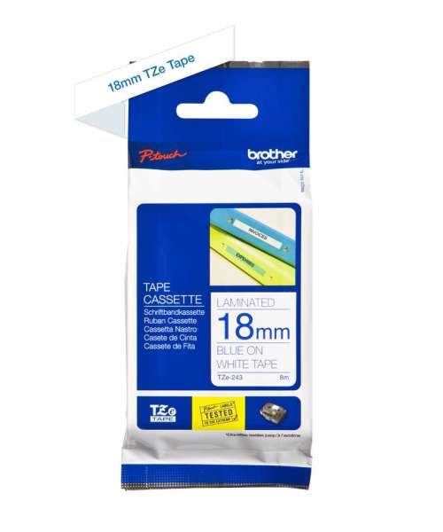 Brother TZe-243 laminált P-touch szalag (18mm) Blue on White - 8m