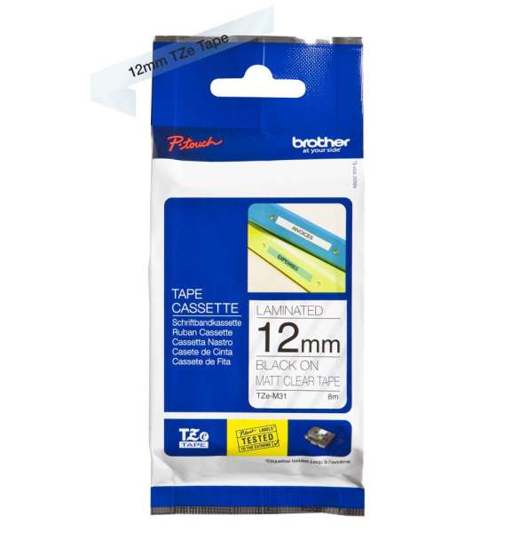 Brother TZE-M31 laminált P-touch szalag (12mm) Black on Matt Transparent - 8m