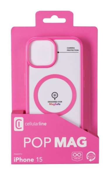 Cellularline Pop Mag Back Cover with Magsafe Support for Apple iPhone 15, Clear/Pink