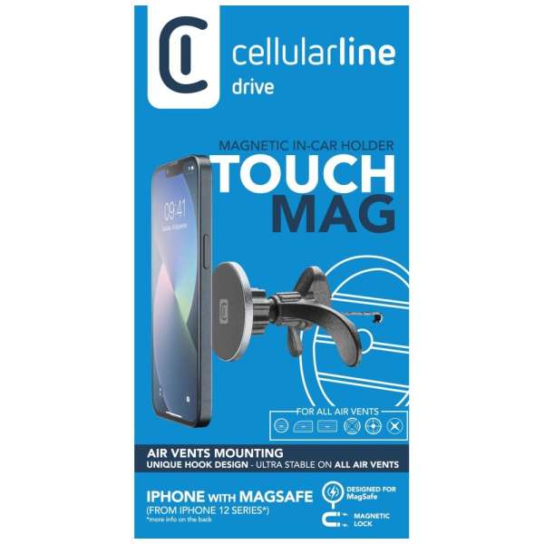 Cellularline Touch Mag Air Vents magnetic holder with attachment to the ventilation grid and MagSafe support, black