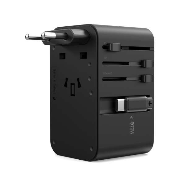 Choetech PD5022 70W EU/US/AUS/UK Travel Adapter with Built-in USB-C Cable Black