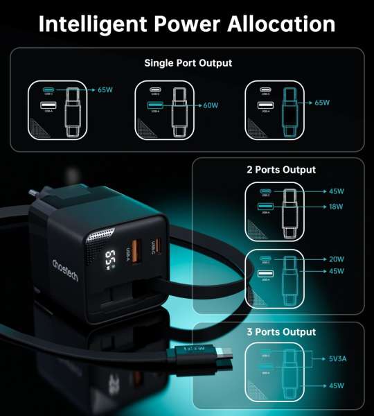 Choetech PD6091 65W GaN Charger with Telescopic Module EU Black