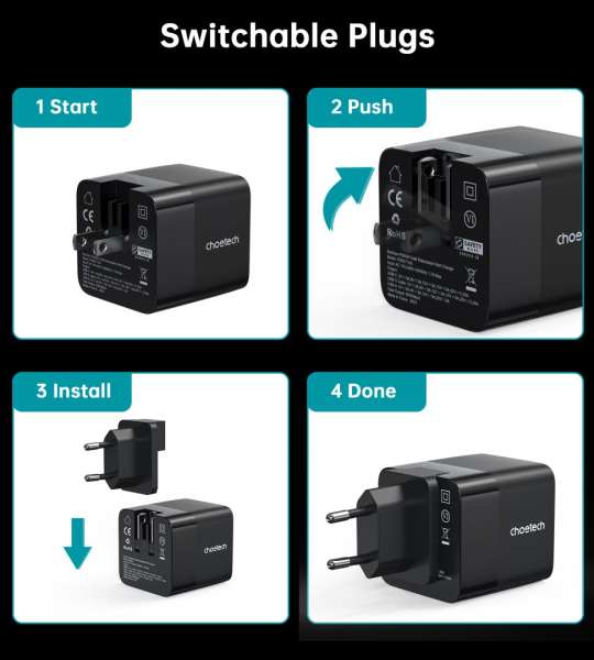 Choetech PD6091 65W GaN Charger with Telescopic Module EU Black