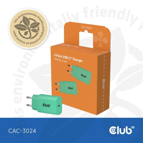 Club3D USB-C Charger 30W Green (2-Pack)