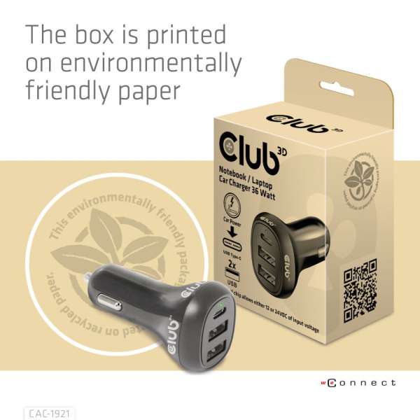 Club3D 36W Notebook/Laptop Power Car Charger Black