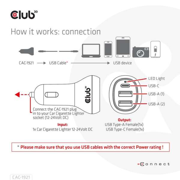 Club3D 36W Notebook/Laptop Power Car Charger Black