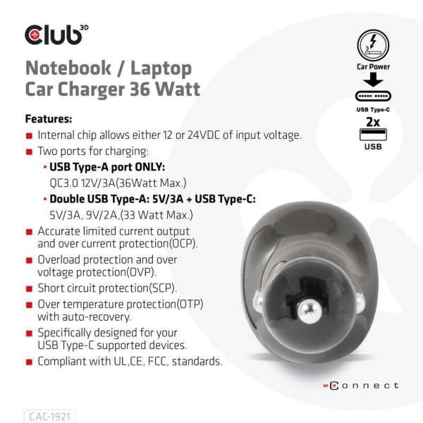 Club3D 36W Notebook/Laptop Power Car Charger Black