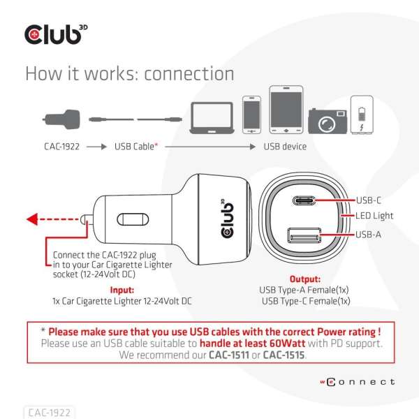 Club3D 63W Notebook/Laptop Power Car Charger Black