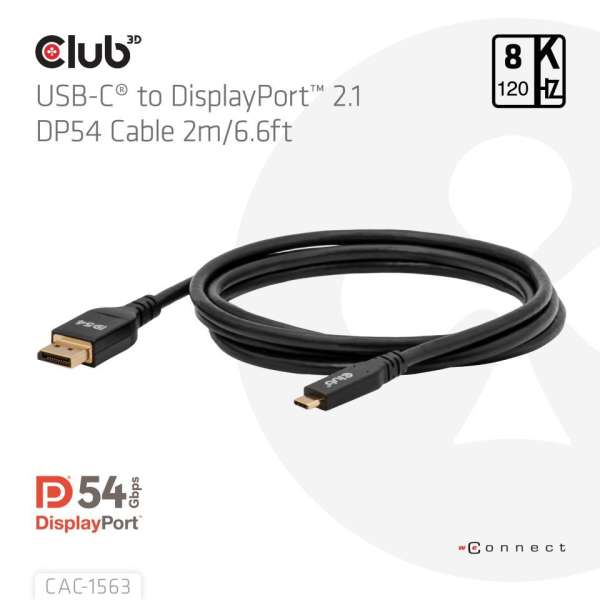 Club3D CAC-1563 USB-C to DisplayPort 2.1 DP54 Bi-Directional Cable 8K120Hz 2m Black