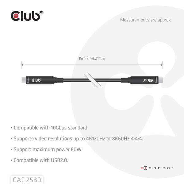 Club3D CAC-2580 Full-Feature USB-C Cable 15m Black