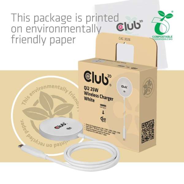 Club3D CAC-3026 Qi2 25W Wireless Charger White Qi Certified MagSafe Compatible Magnetic Pad White
