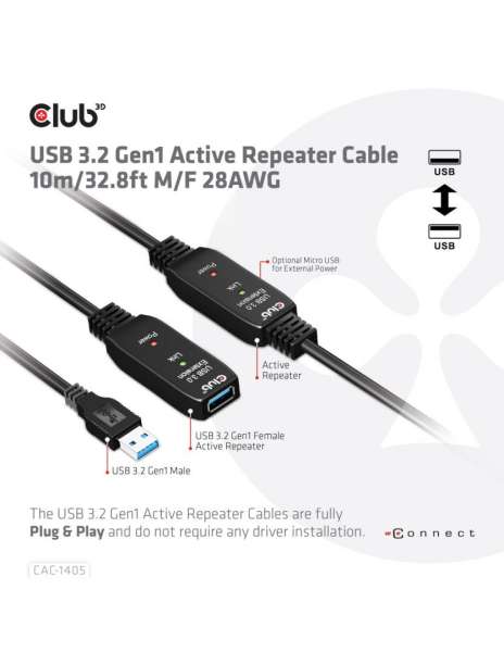 Club3D USB 3.2 Gen1 Active Repeater Cable 10m Black