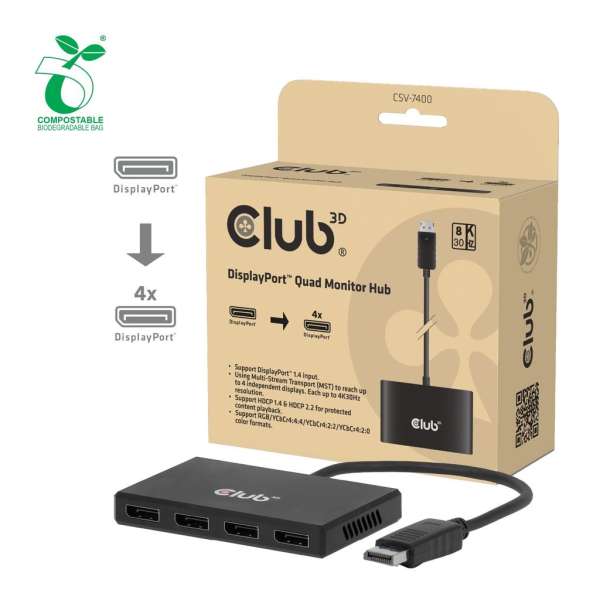 Club3D CSV-7400 DisplayPort Quad Monitor MST 4x4K30Hz