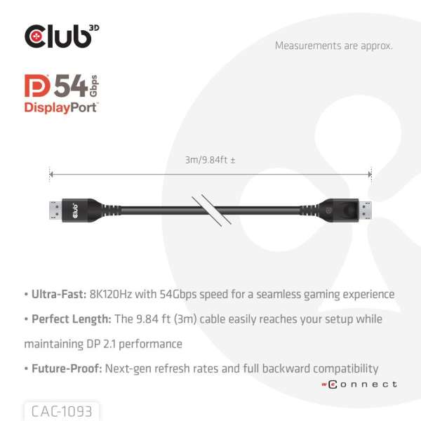 Club3D DisplayPort 2.1 DP54 VESA Certified Cable 8K120Hz 3m Black