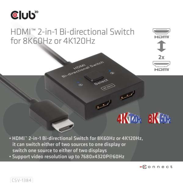 Club3D HDMI 2-in-1 Bi-directional Switch for 8K60Hz or 4K120Hz Adapter Black