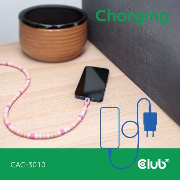 Club3D USB-C Beaded Cable 2m Pink