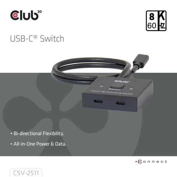 Club3D USB-C Bi-Directional Video + Data + PD Switch