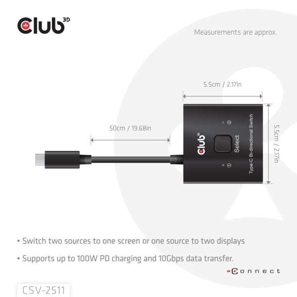 Club3D USB-C Bi-Directional Video + Data + PD Switch