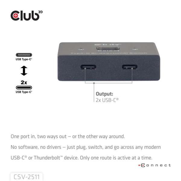 Club3D USB-C Bi-Directional Video + Data + PD Switch
