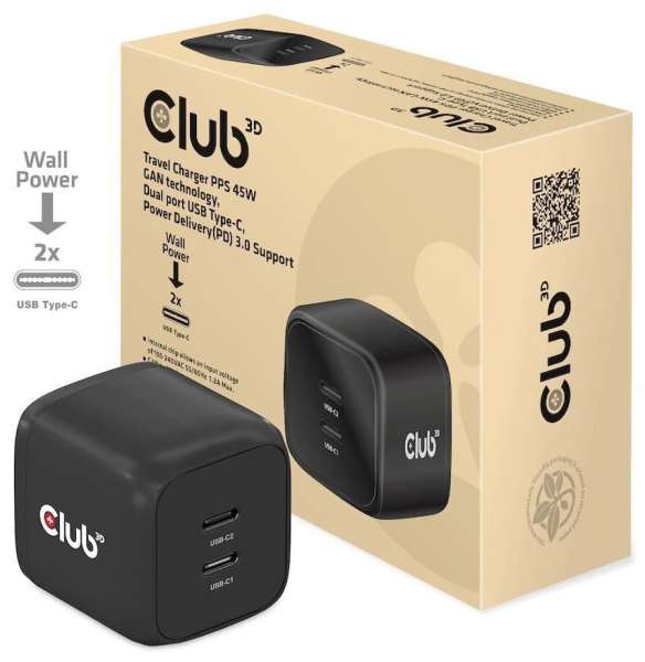 Club3D USB Charger Black+USB-C cable Red
