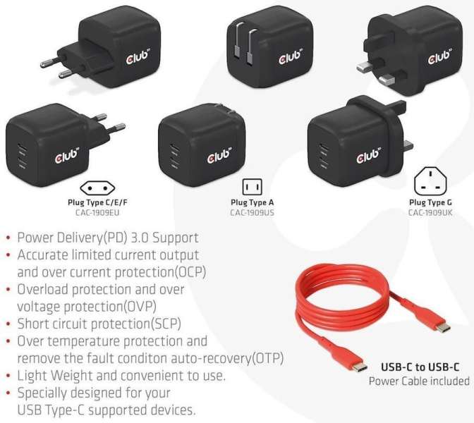 Club3D USB Charger Black+USB-C cable Red