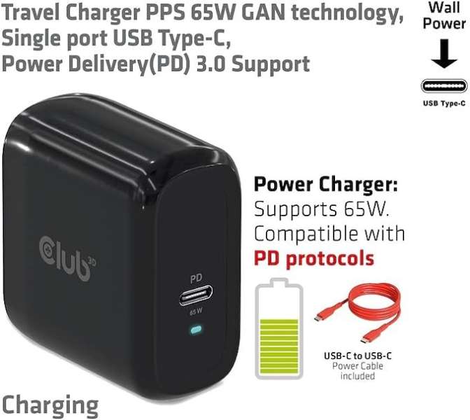 Club3D USB Charger Black+USB-C cable Red
