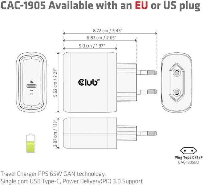 Club3D USB Charger Black+USB-C cable Red