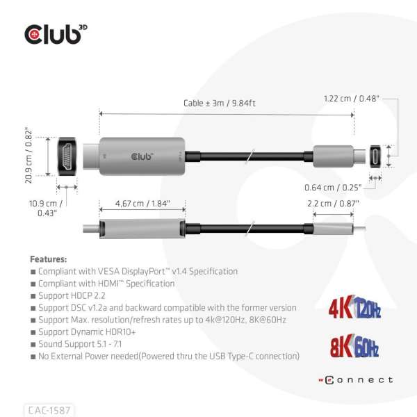 Club3D USB Gen2 Type-C to HDMI cable 3m Black