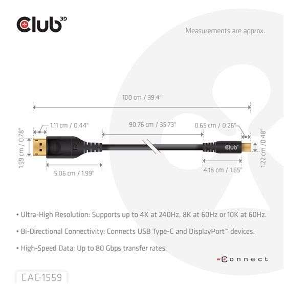 Club3D USB Type-C Cable to DP 2.1 Bi-Directional VESA DP80 Certified Cable 1m Black