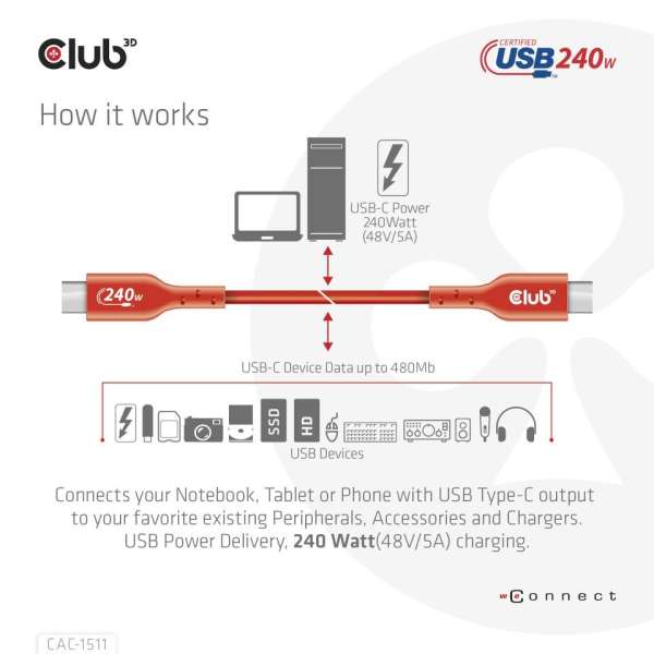 Club3D USB2 Type-C cable 1m Red