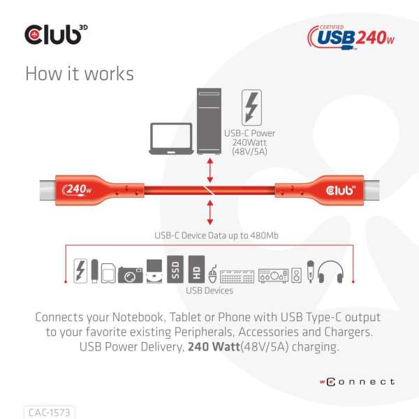 Club3D USB2 Type-C cable 2m Red