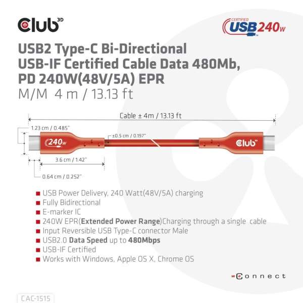 Club3D USB2 Type-C cable 4m Red