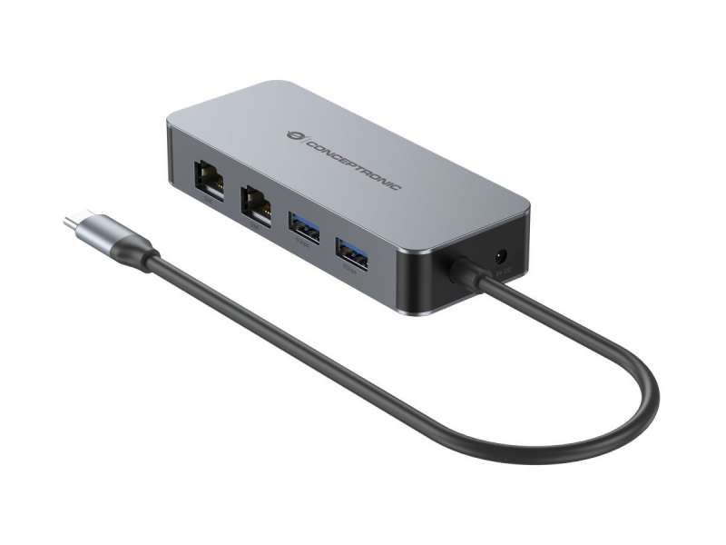 Conceptronic ABBY24G USB-C to Dual-Port Gigabit Network Adapter with 2-Port USB Hub