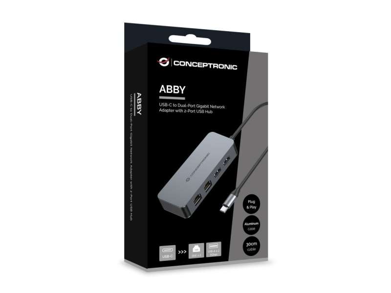 Conceptronic ABBY24G USB-C to Dual-Port Gigabit Network Adapter with 2-Port USB Hub