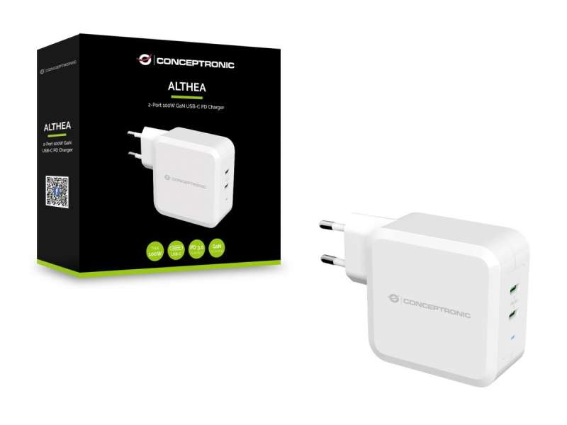 Conceptronic ALTHEA08W 2-Port 100W GaN USB PD Charger Adapter White