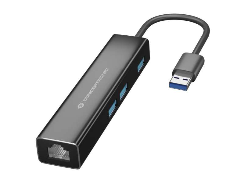 Conceptronic DONN07BA USB to Gigabit Network Adapter with 3-Port USB Hub Black
