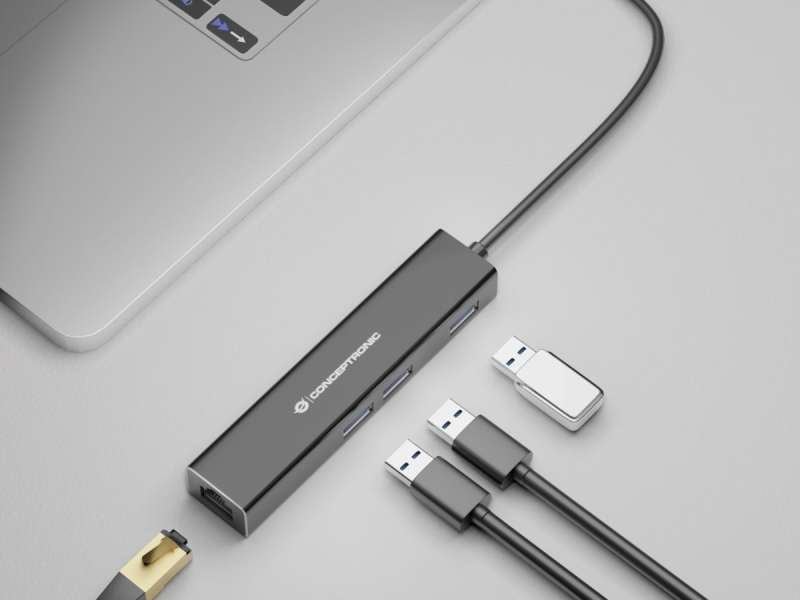 Conceptronic DONN07BA USB to Gigabit Network Adapter with 3-Port USB Hub Black