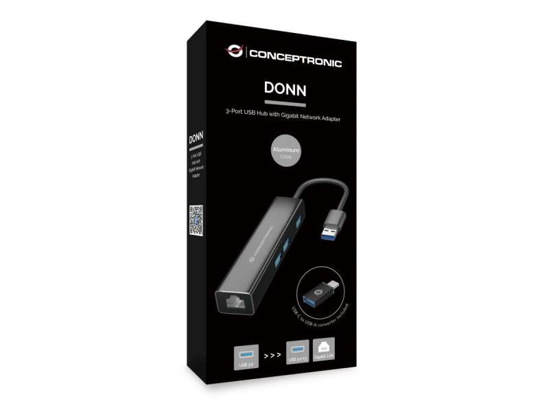 Conceptronic DONN07BA USB to Gigabit Network Adapter with 3-Port USB Hub Black