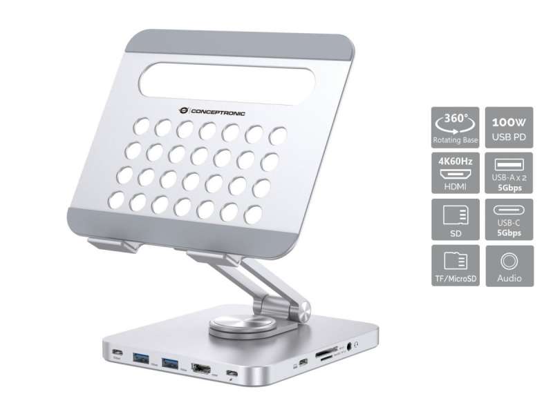 Conceptronic DONN26G Tablet Stand with 8-in-1 USB 3.2 Gen 1 Docking Station