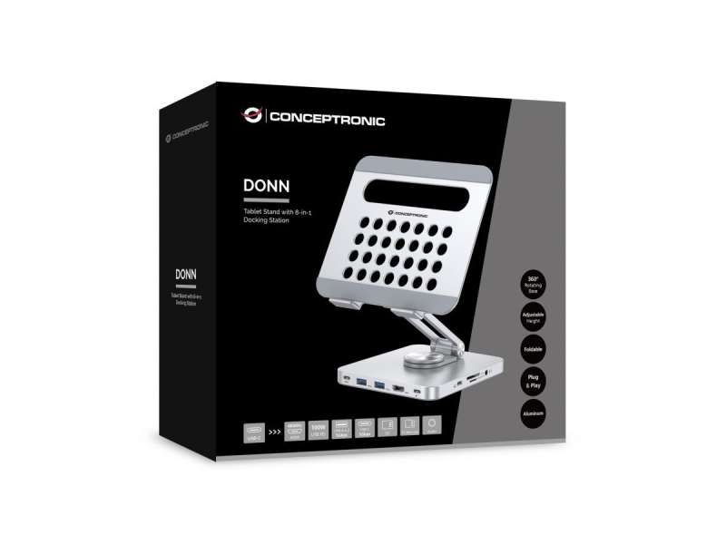 Conceptronic DONN26G Tablet Stand with 8-in-1 USB 3.2 Gen 1 Docking Station