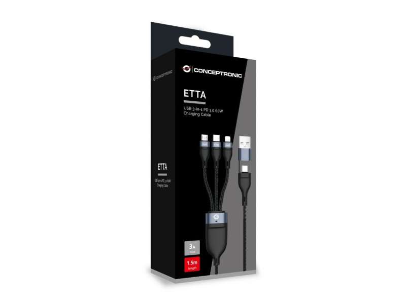 Conceptronic ETTA05B15 3-in-1 60W Fast Charging Data Cable 1,5m Black