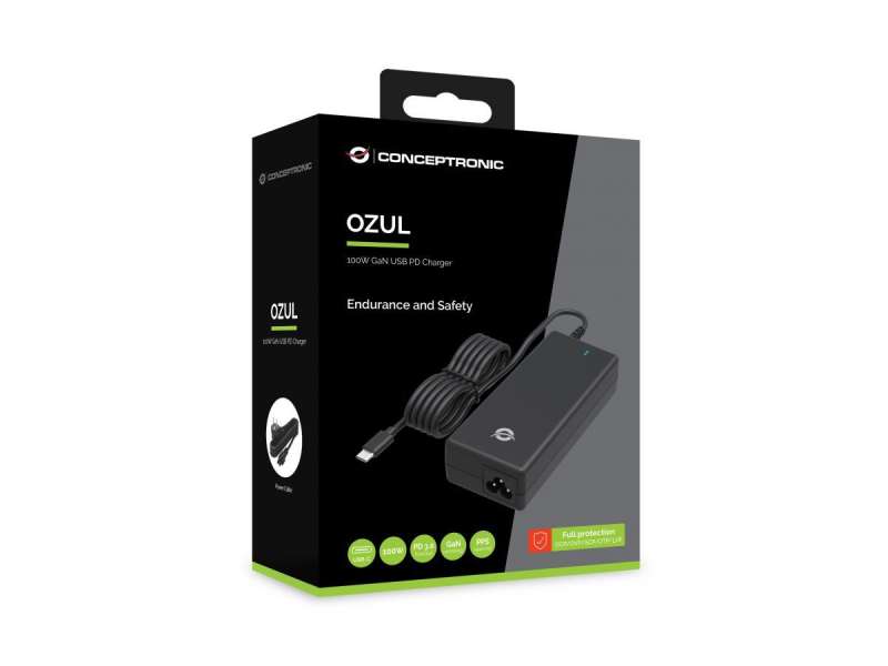 Conceptronic OZUL03BE 100W GaN Desktop USB PD Charger with AC power cable Black