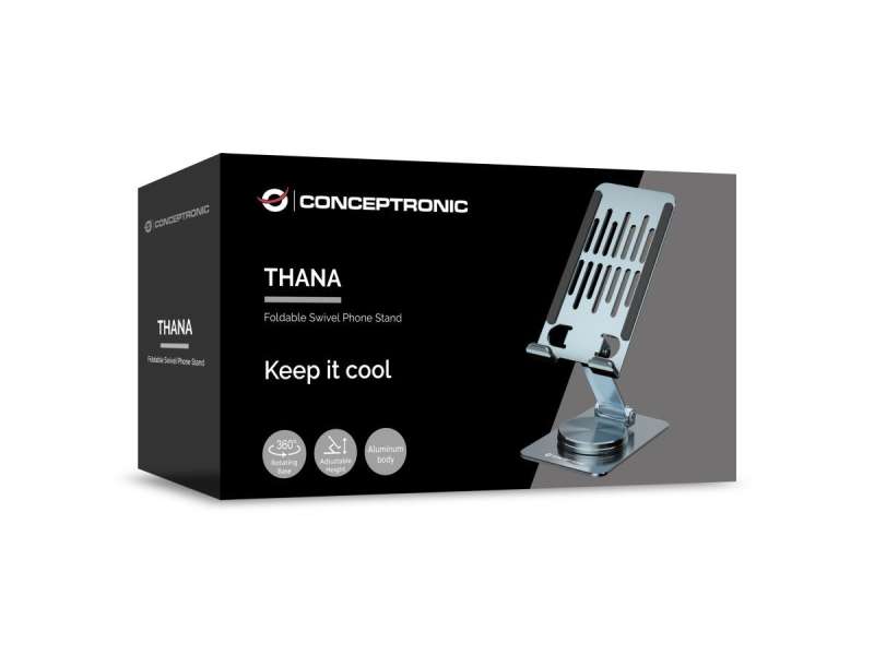 Conceptronic THANA08G Foldable Swivel Phone Stand 360° Rotating Base Adjustable Height Grey