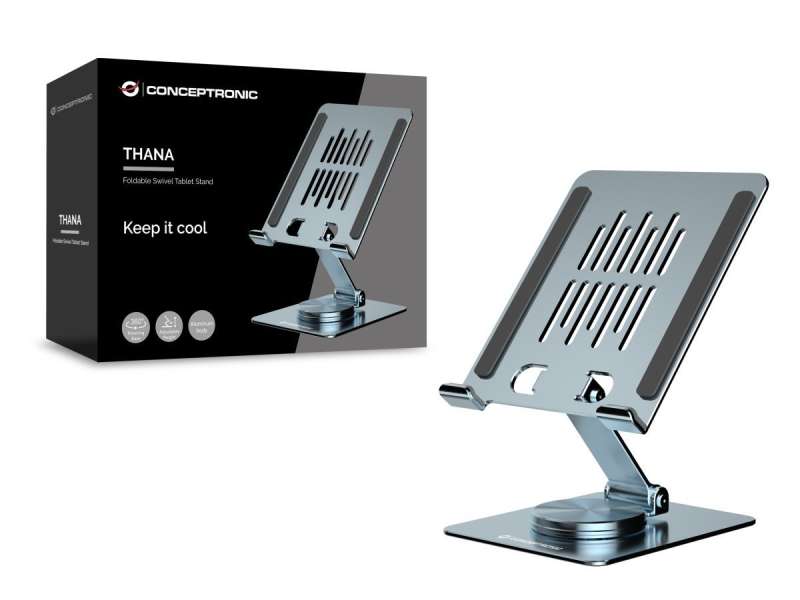 Conceptronic THANA09G Foldable Swivel Tablet Stand 360° Rotating Base Adjustable Height Grey