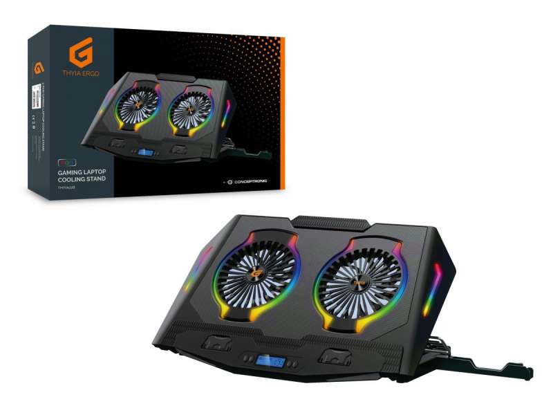 Conceptronic THYIA02B ERGO RGB 2 ventilátoros gamer laptop hűtőpad mobiltartóval