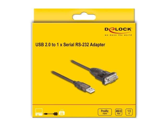 DeLock Adapter USB 2.0 Type-A to 1 x Serial RS-232 D-Sub 9 pin male with nuts 1,5m